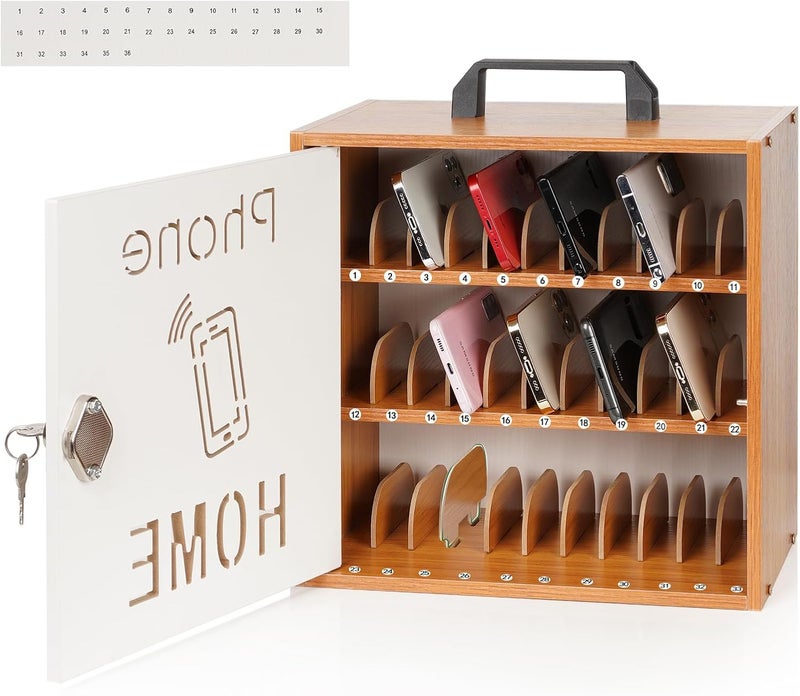 Echaprey Cell Phone Holder Classroom Adjustable 33 Slots Pocket Chart Wooden Cell Phone Storage Cabinet with Handle and Lock Desktop Cell Phone Holder for Classroom Office (Cherry) - Image 1